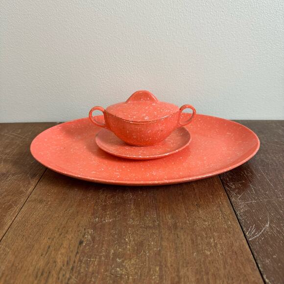 Vintage Pink Speckled Malmac Melamine Serving Set Platter Sugar Bowl‎ Plate - Picture 1 of 10